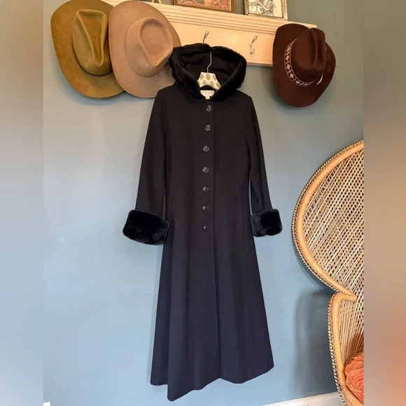 Vintage duster Long Black Wool Fur trim coat Hood cuffs sz 8p - Picture 6 of 14